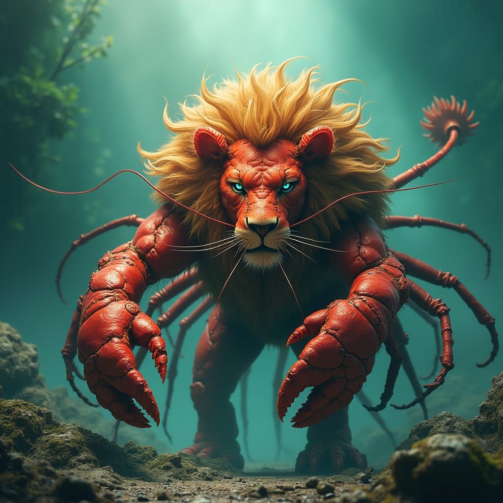 Crimson Lion-Lobster Hybrid in Digital Art Style