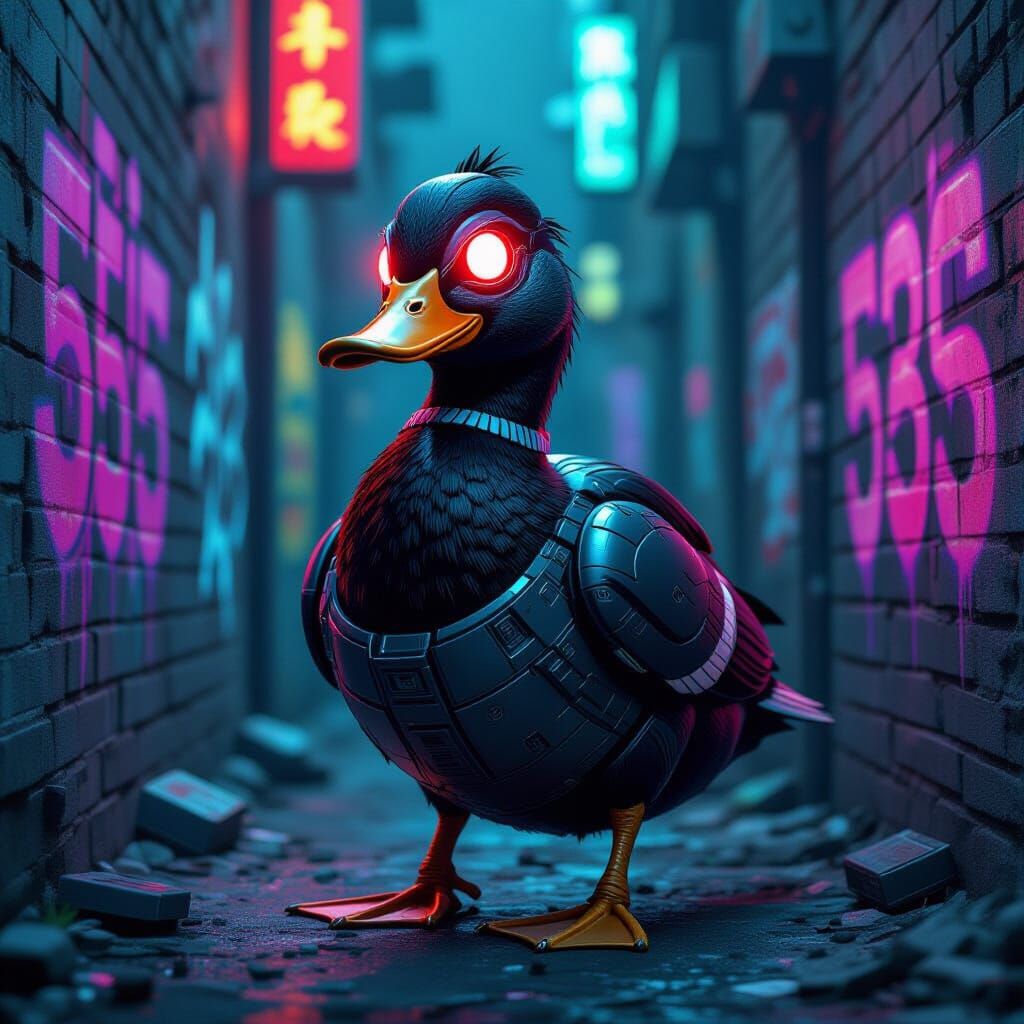 Cyberpunk Cyborg Duck in Gritty Neon Alleyway