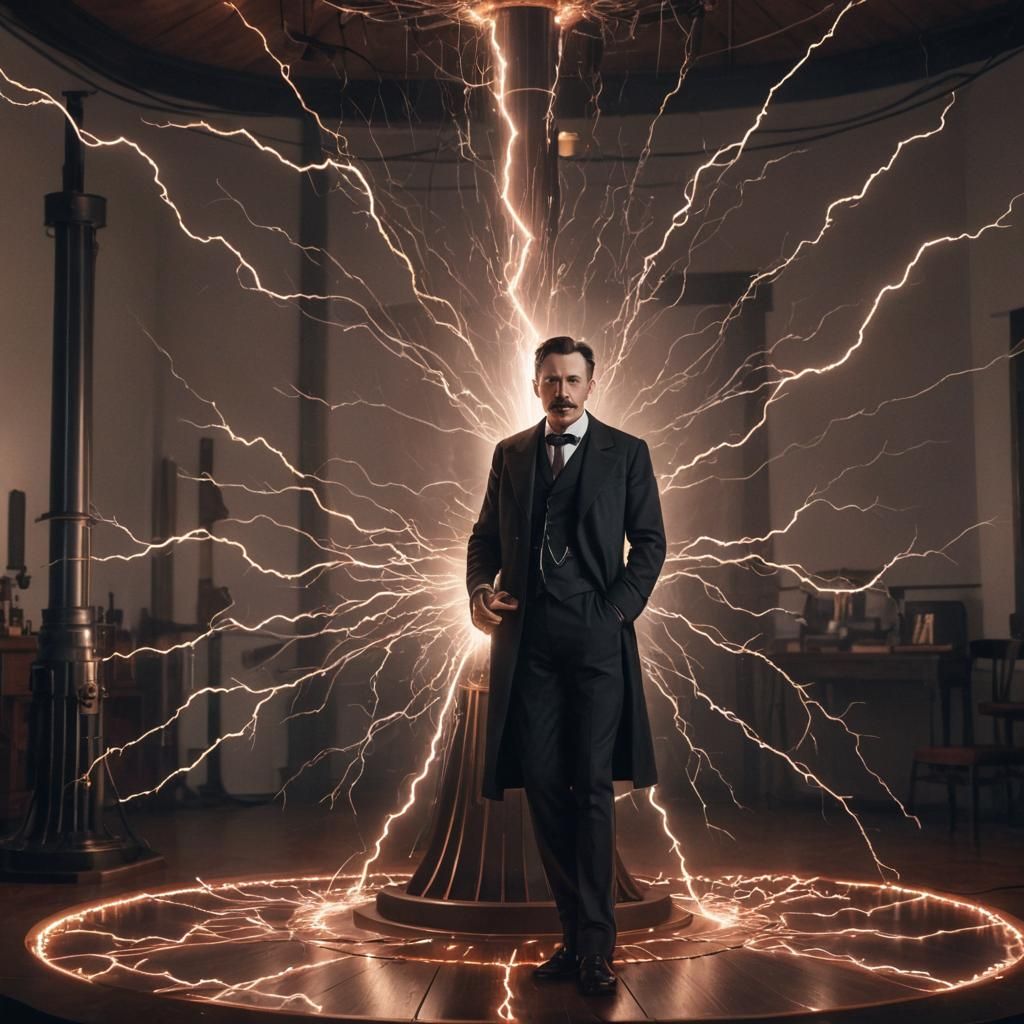 Nikola Tesla surrounded by glowing lightning bolts