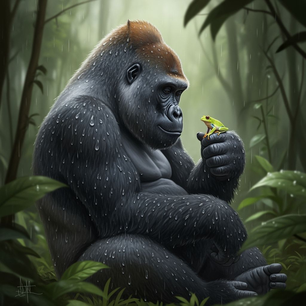 Gorilla and Frog in Rainforest Clearing, Cinematic Style