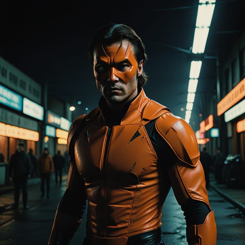 Tall Kazakh Warrior in Dark, Moody Orange Spandex