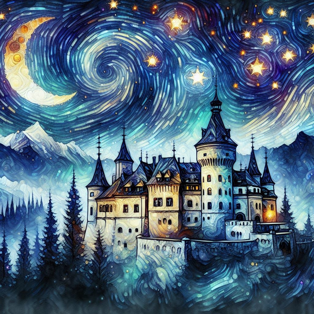 Bran Castle Under Starry Night in Watercolor