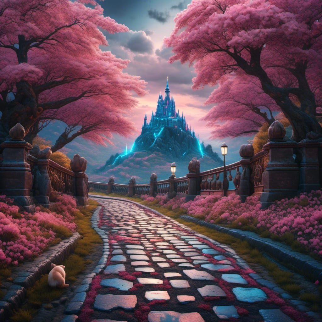 Whimsical Cherry Blossom Road to Dark Castle
