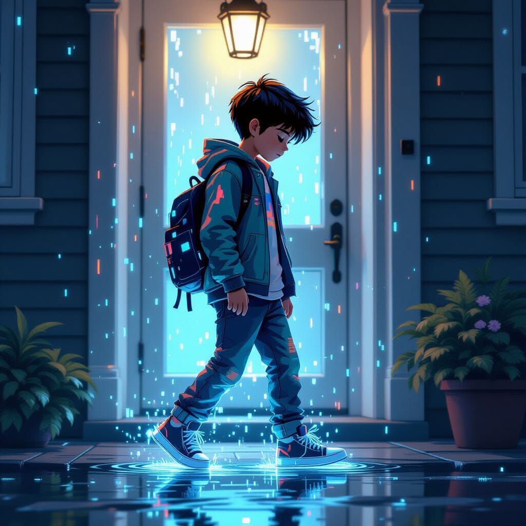 Glitching Boy Emerges into Neon-Lit Night, Digital Art