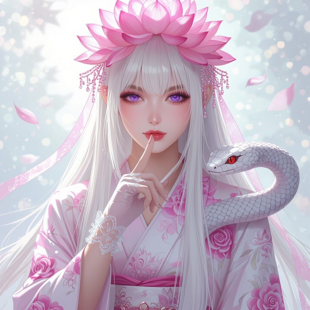 Ethereal Woman With Lotus Crown and White Serpent