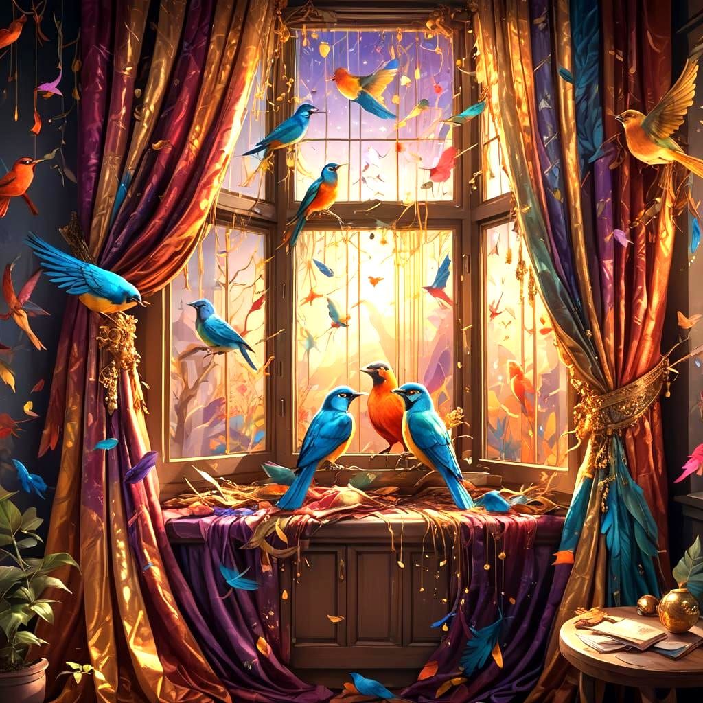 Colorful Bird Curtain Design with Visual Effects