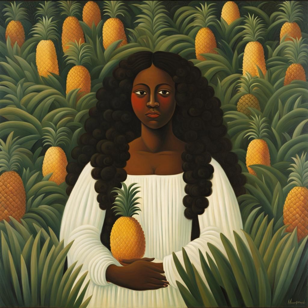 African Lady in Pineapple Garden, Naive Art