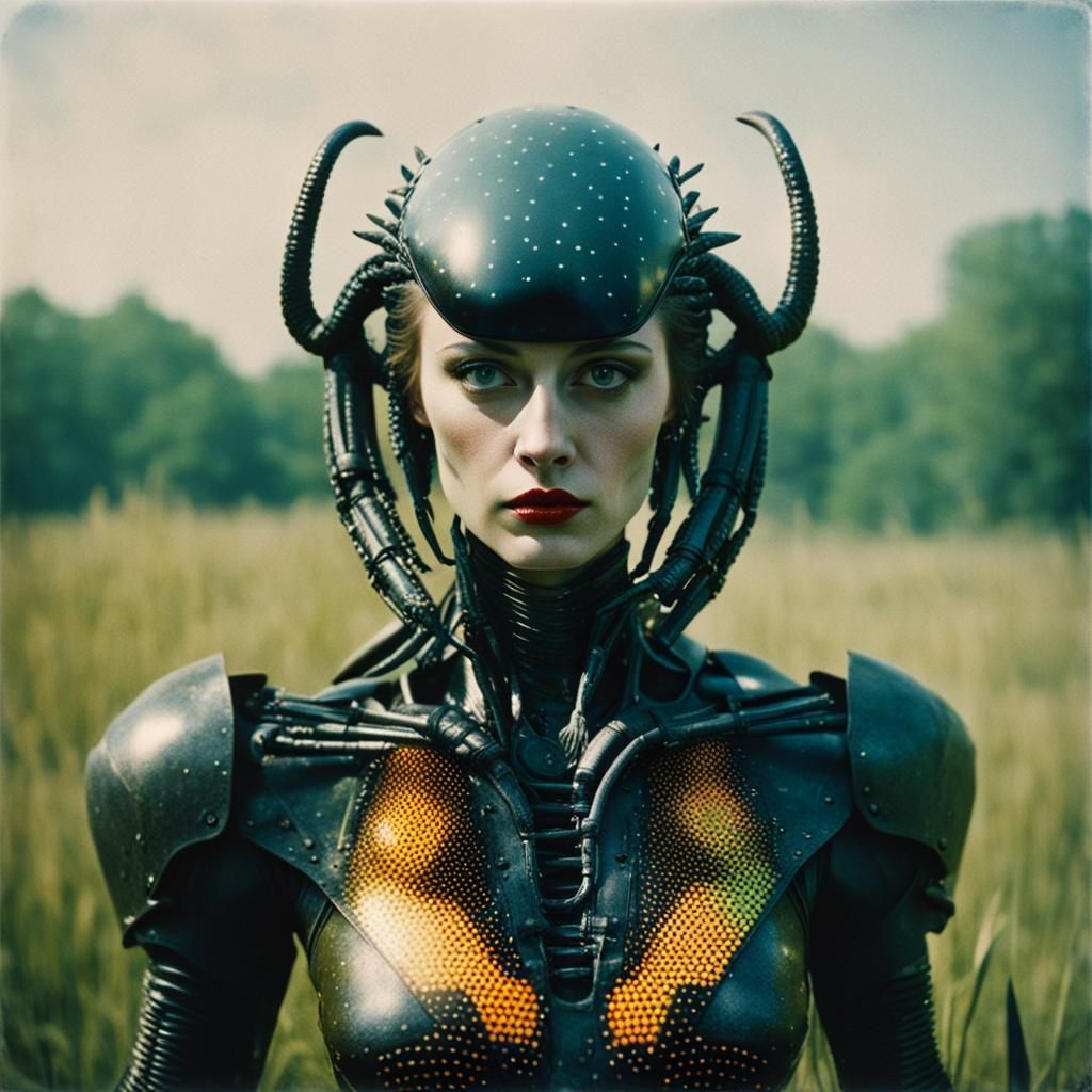 Xenomorph Warrior Girl Portrait in Vintage Colors