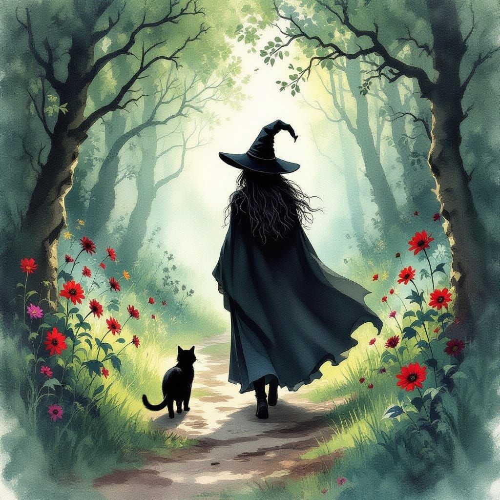 Mystical Witch and Black Cat in Withered Forest