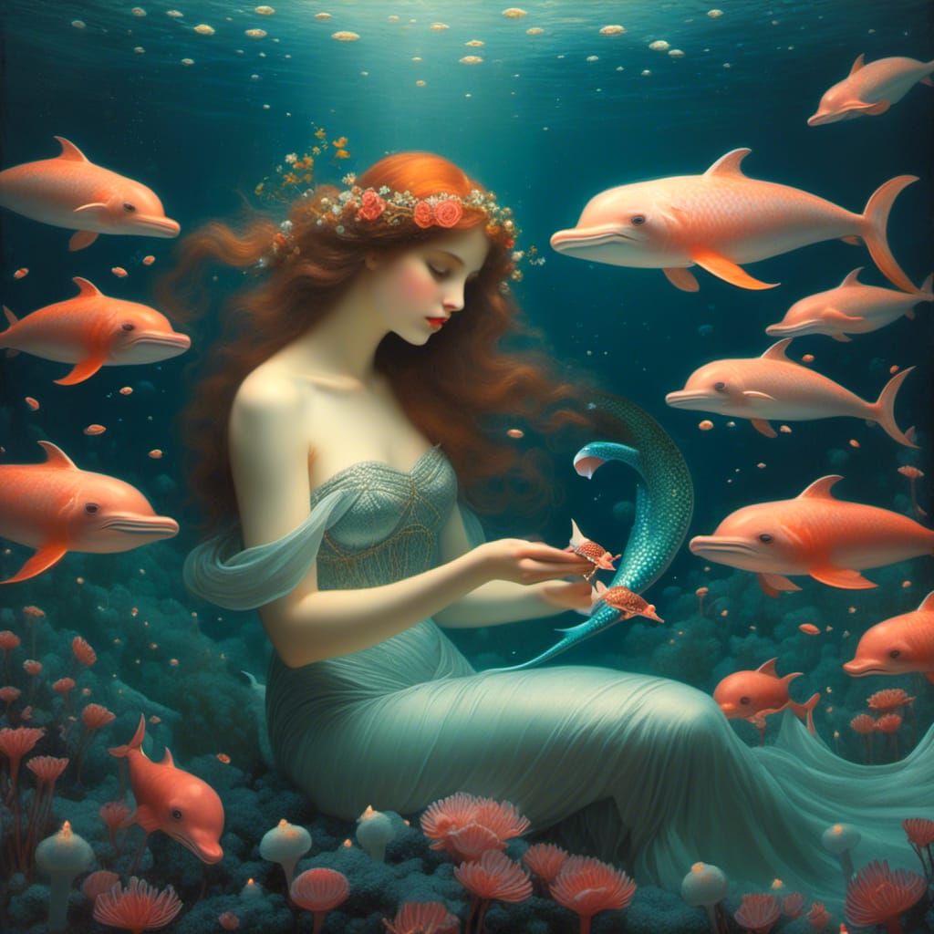Mermaid Feeding Dolphin in Romantic Pre-Raphaelite Style