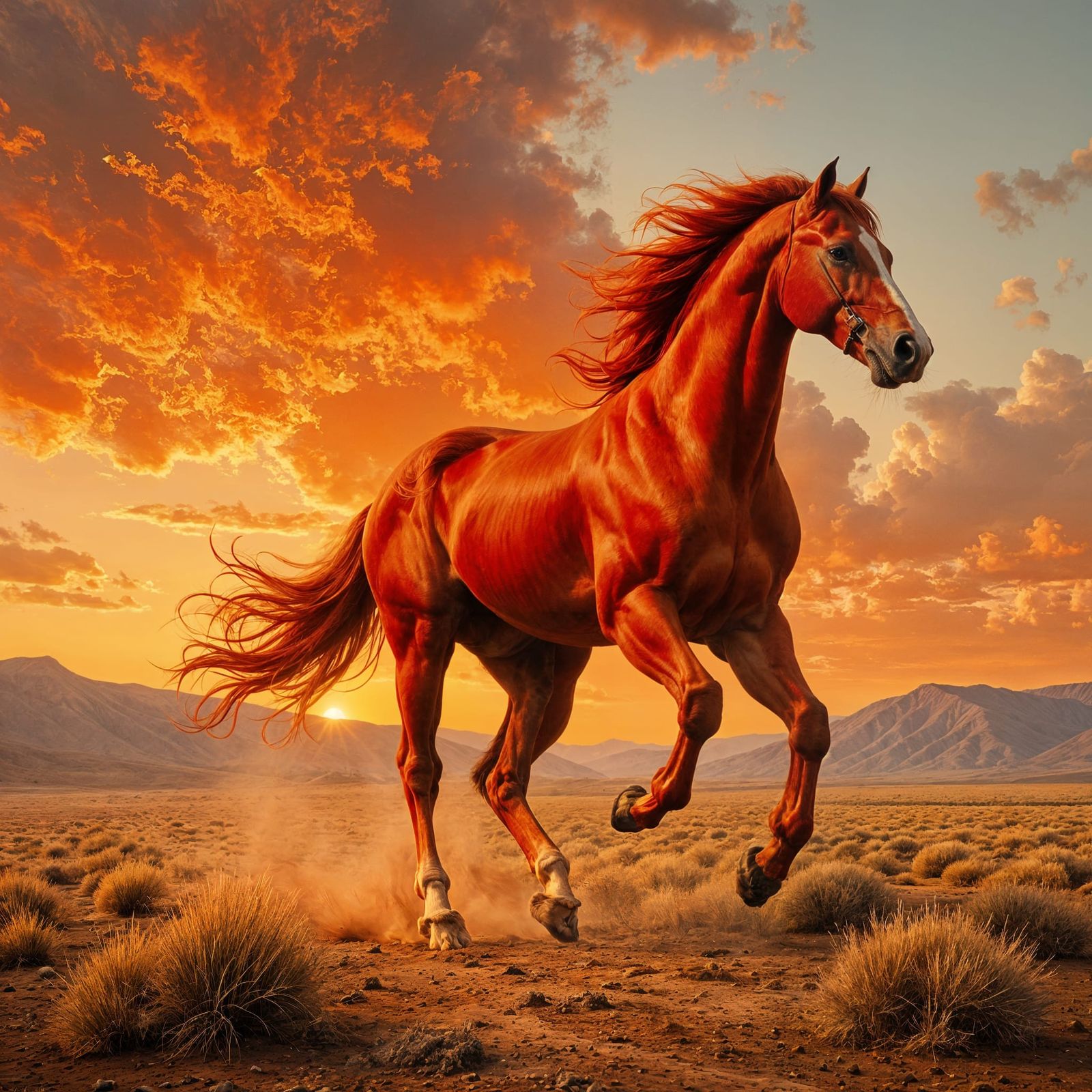 Galloping Fire-Red Horse in Steppe Landscape, Classical Pain...
