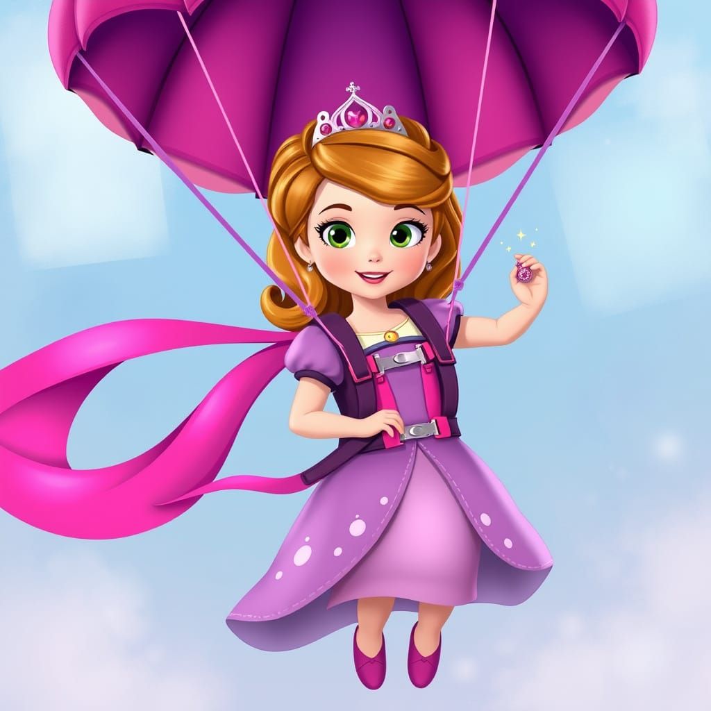 Princess Sofia Skydiving with Amulet, Whimsical Art Style