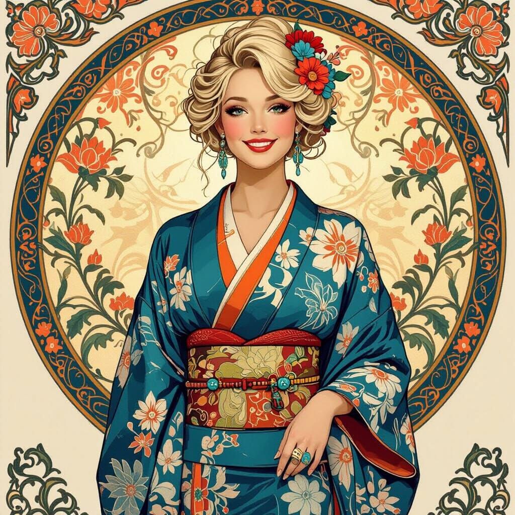 Elegant Woman in Frilled Kimono with Turquoise Jewelry