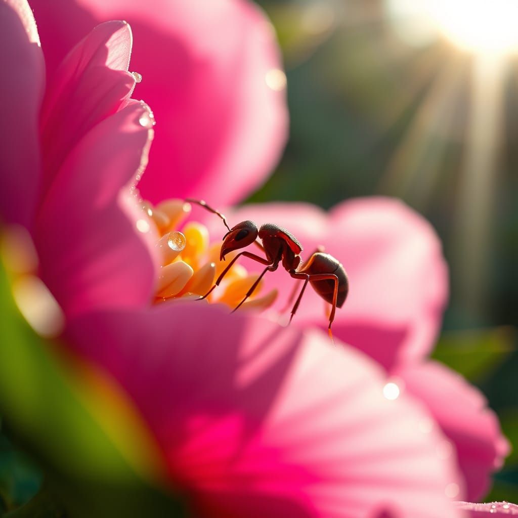 Macro Ant on Vibrant Peony Flower
