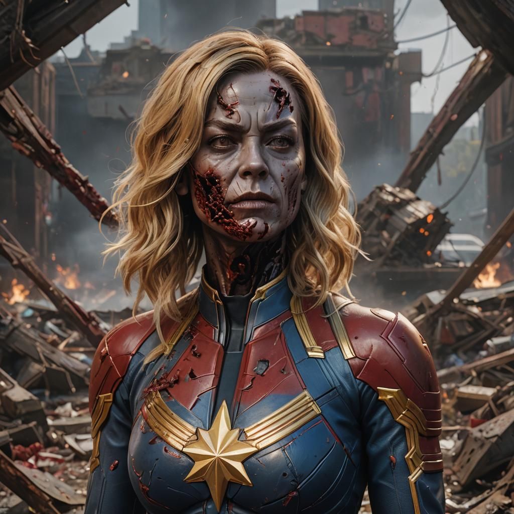 Zombie Captain Marvel Gory Portrait in Detailed Matte Painti...