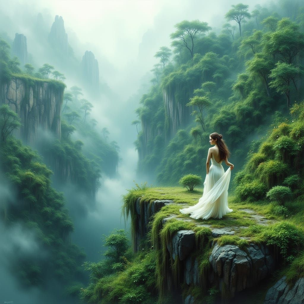 Woman on Misty Cliff: Dreamy Landscape Art