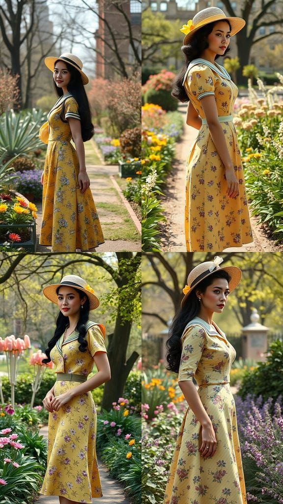 Vintage 1940s Woman in Serene City Garden