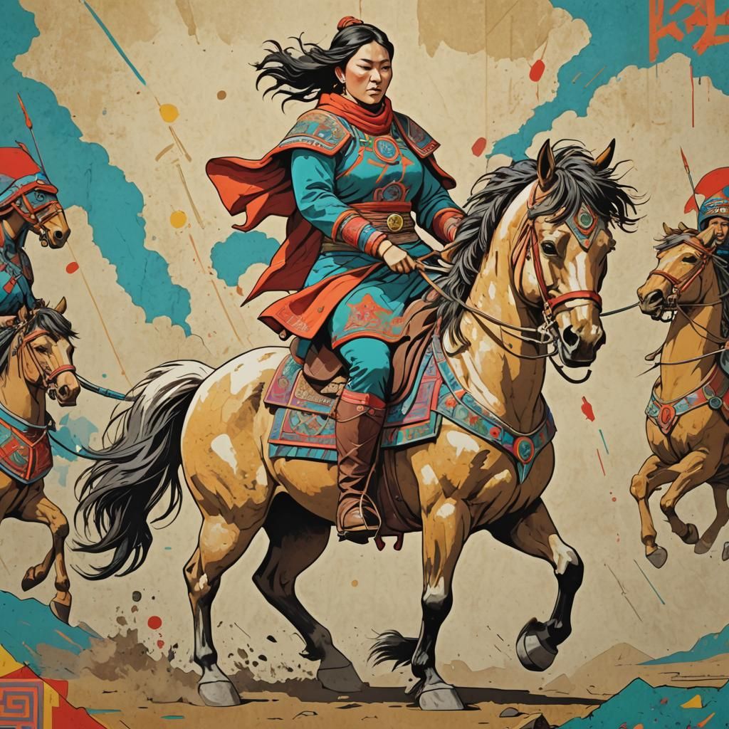 Mongol Warrior Woman on Horse in Pop Art Style