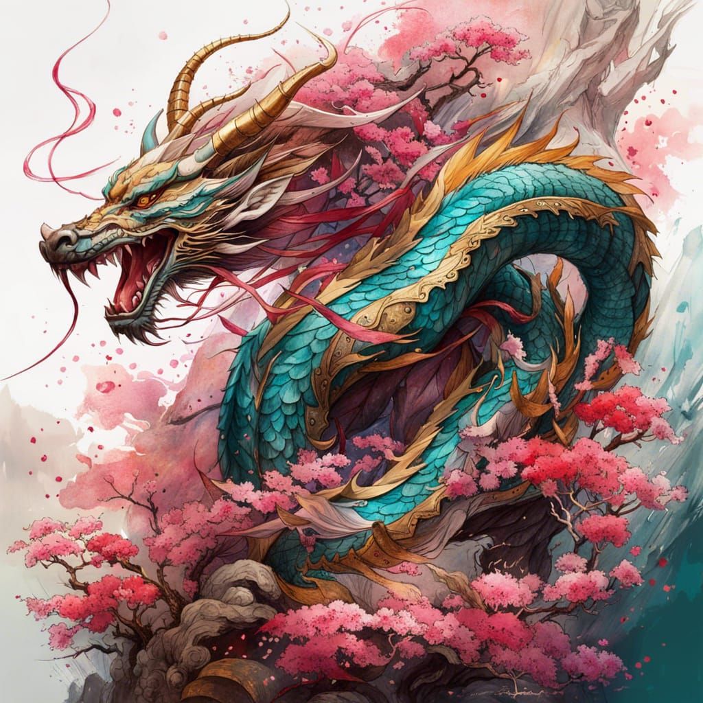 Chinese Dragon Over Sakura Garden in Vivid Colors