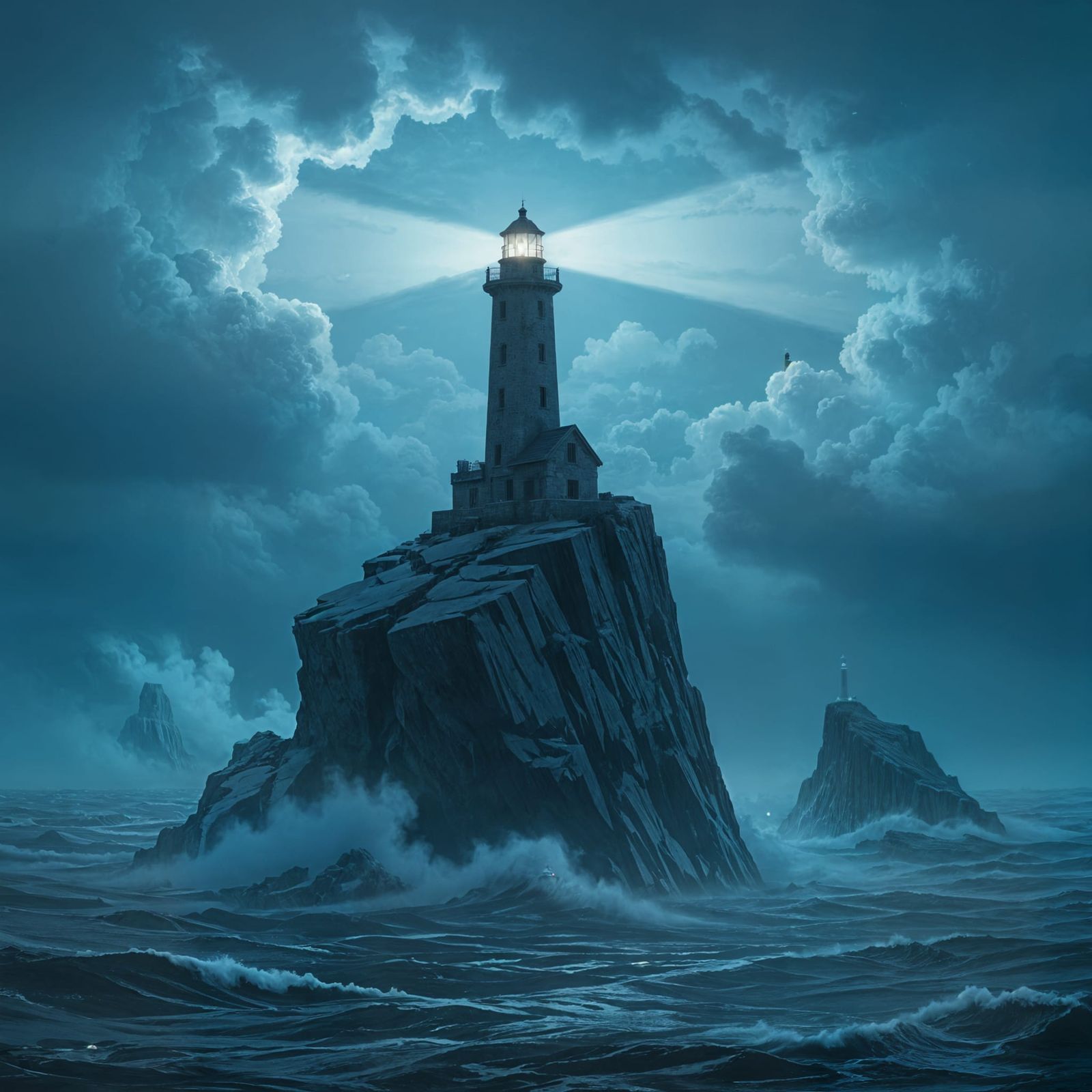 Abandoned Lighthouse on Floating Rock in Stormy Alien Sky