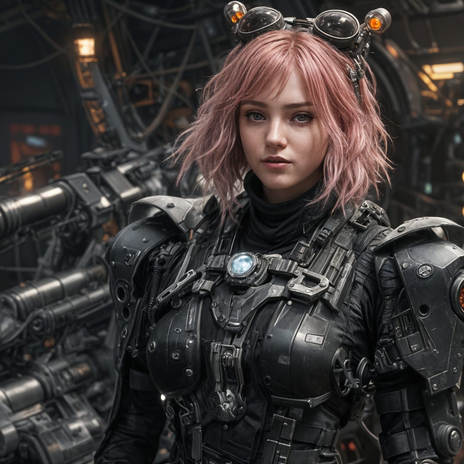 Goth Pilot Smirks Atop Mech in Detailed Portrait