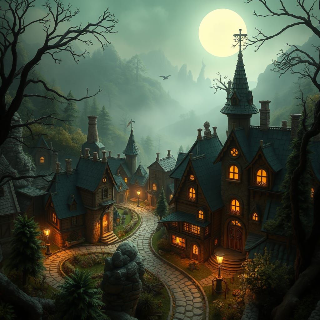 Dreamlike Village of Fromville: Whimsical Fantasy Art