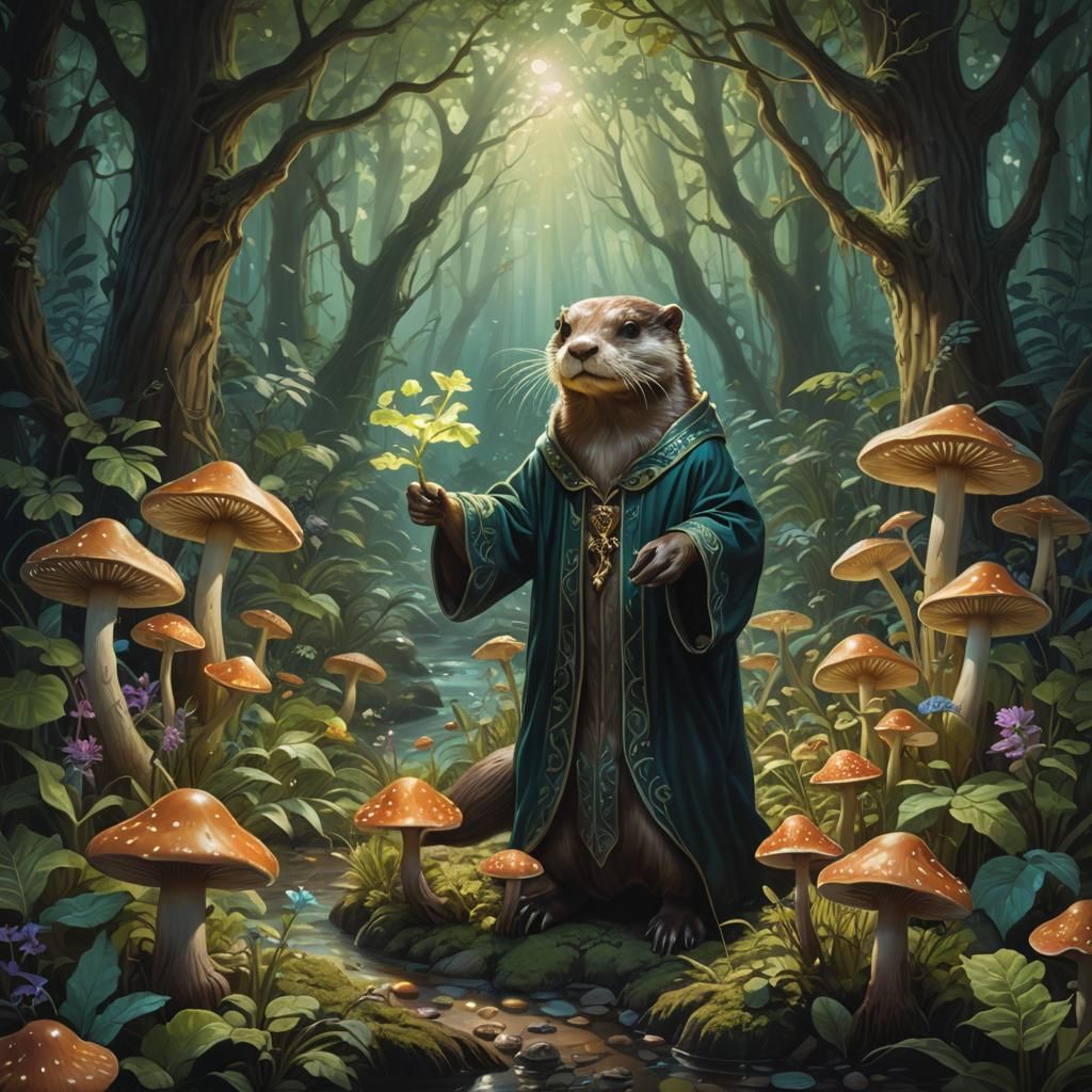 Photoluminescent Otter Wizard in Enchanted Forest