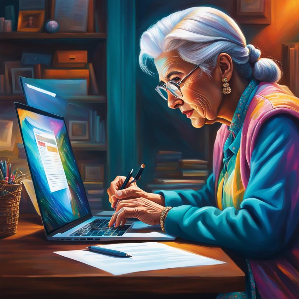 Emailing Girl and Grandmother: Hyperrealistic Digital Art