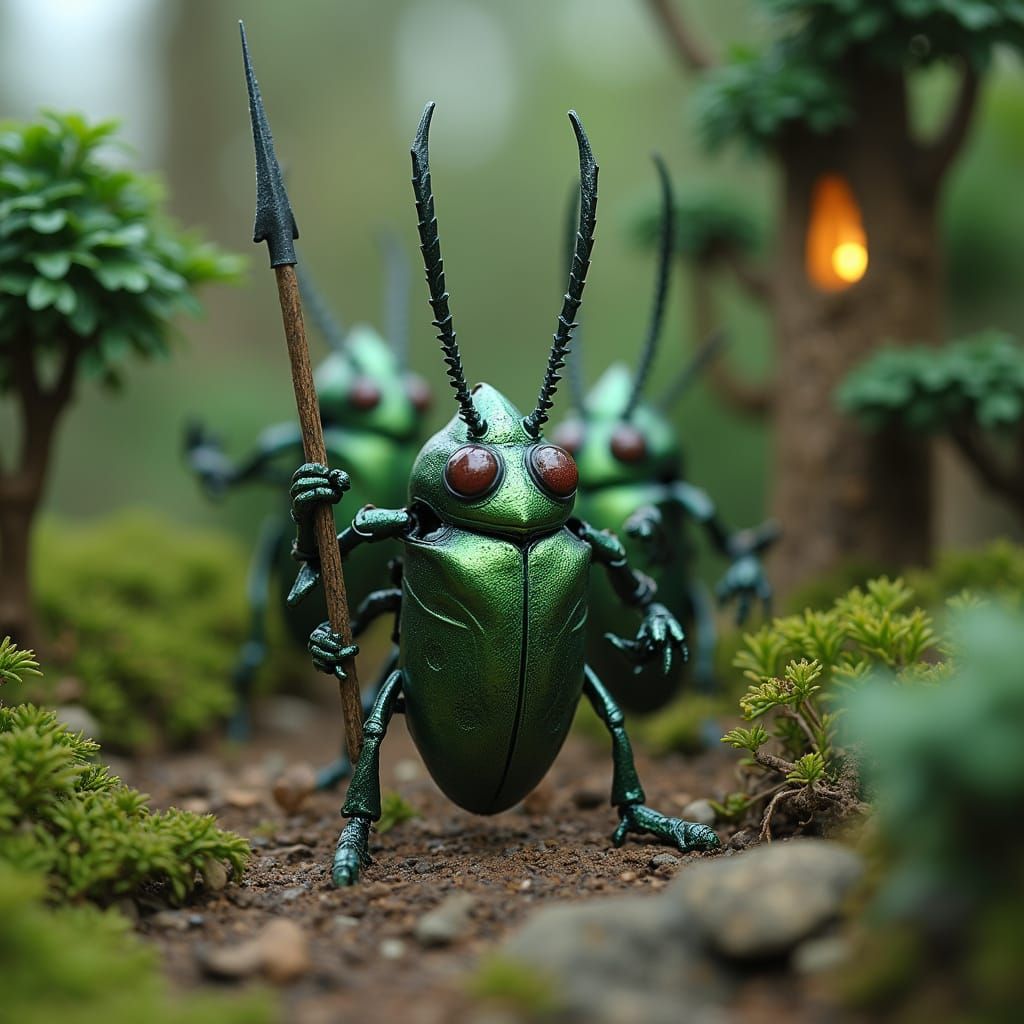 Armored Beetles in Bonsai Forest, Cinematic Style