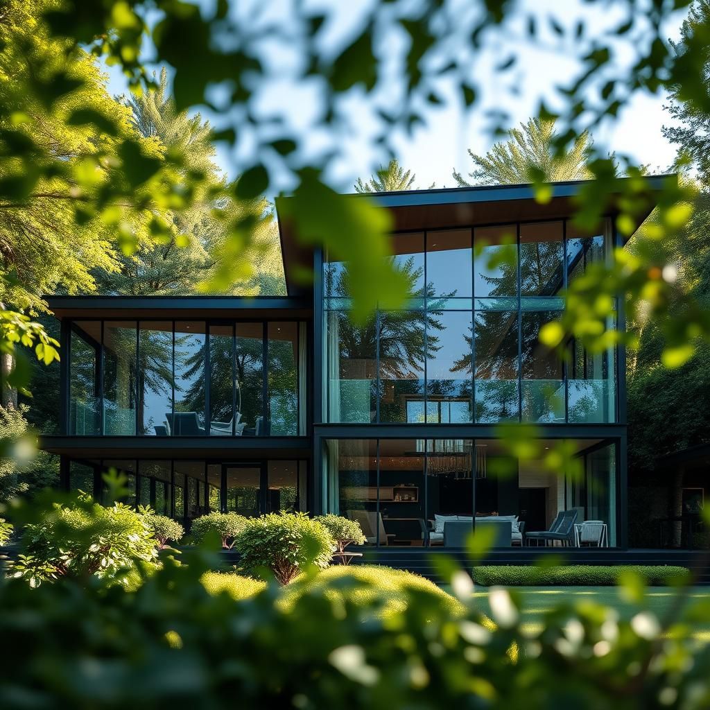 Majestic Modern Glass House with Bokeh Effect
