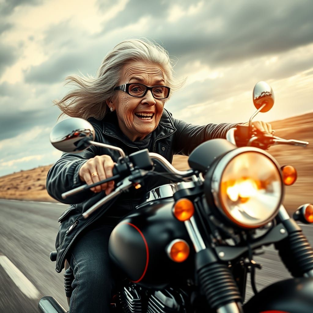 Old Woman Rides Harley in Hyperrealistic Caricature