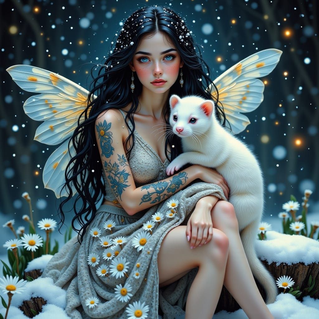 Enchanting Winter Portrait of a Beautiful Woman and Her Mena...