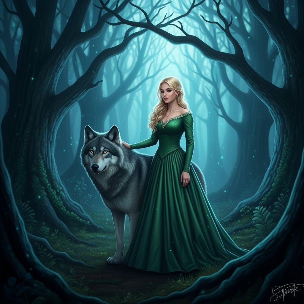 Lady with Wolf in Mystical Forest Digital Painting