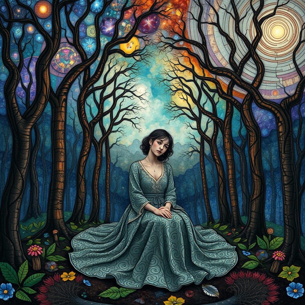 Surreal Forest Glade with Stained Glass Trees