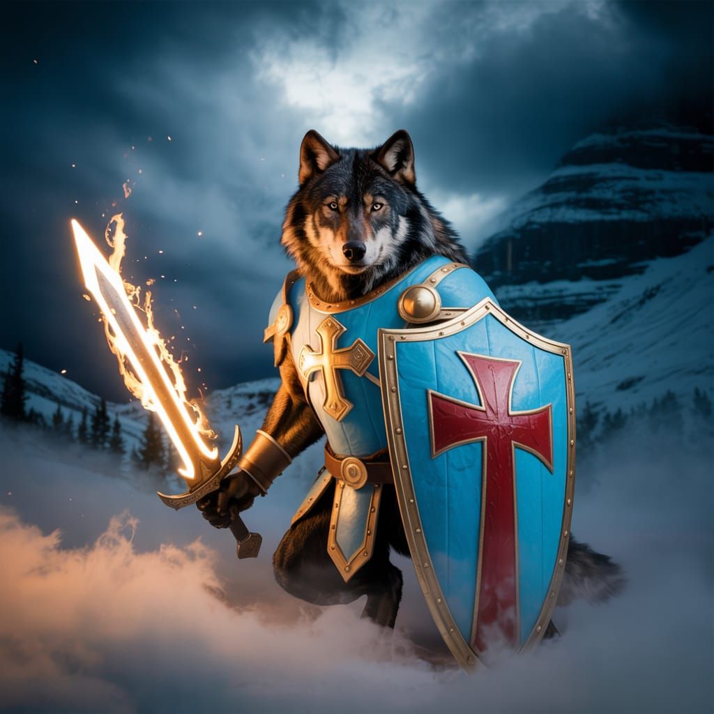 Armored Black Wolf with Flaming Sword Photograph