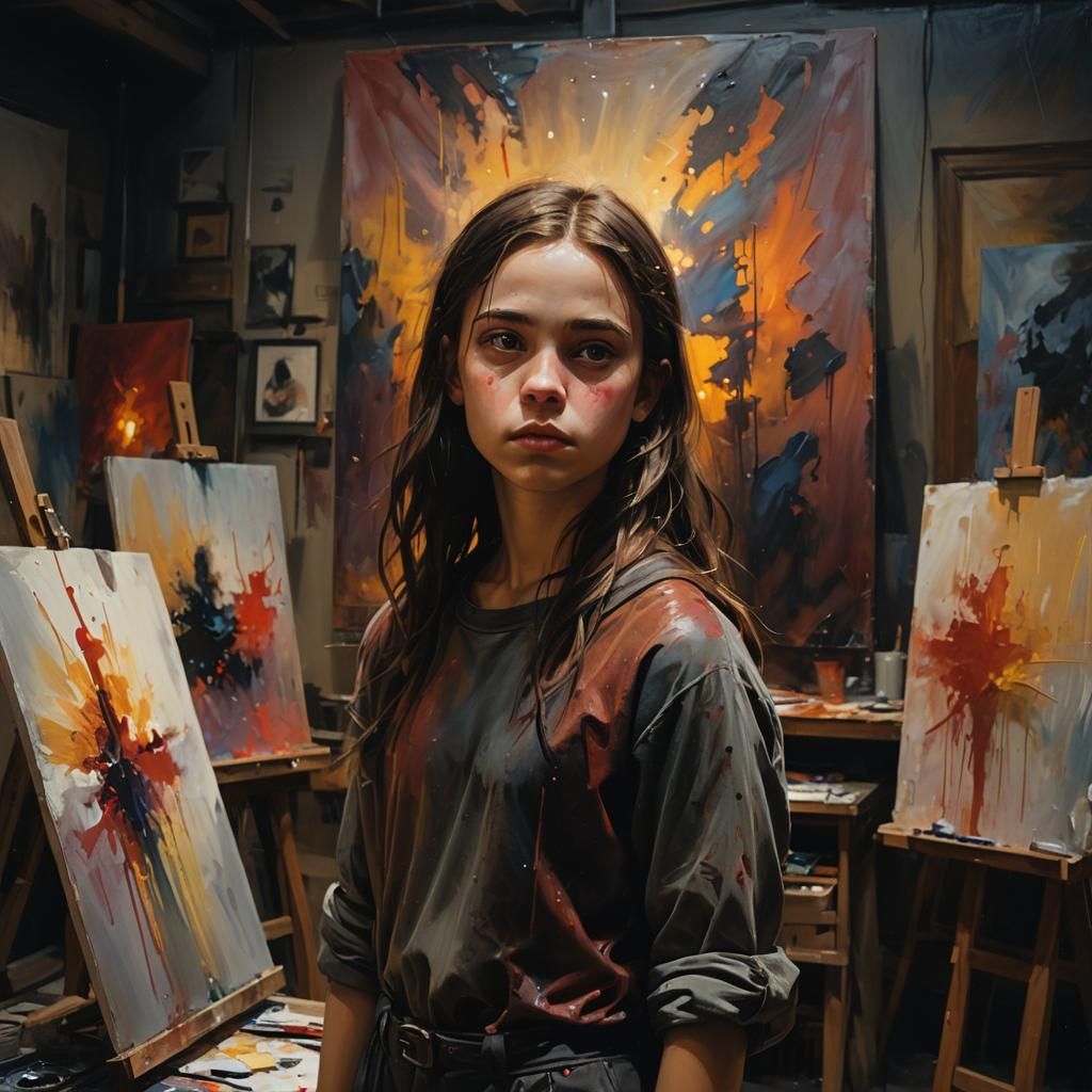 Girl in Dimly Lit Studio: Dark Fantasy Art