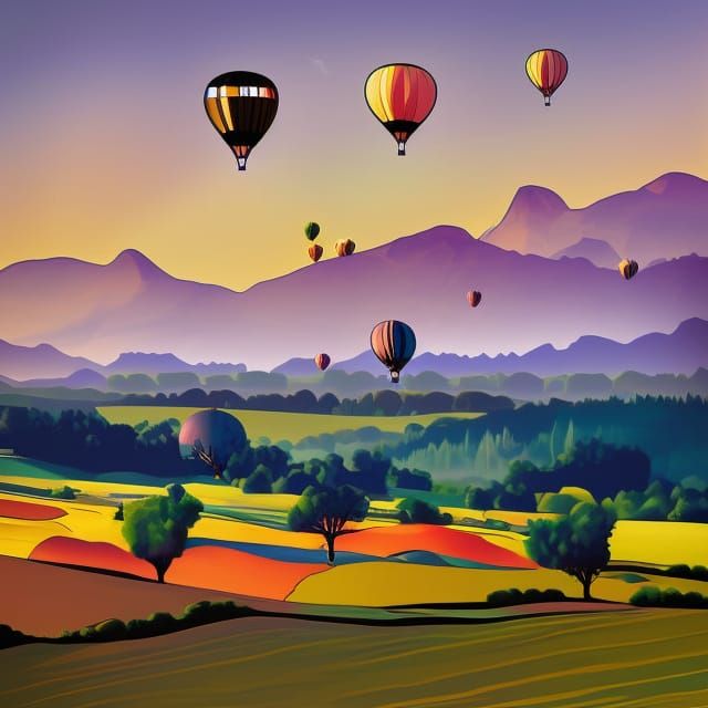 Scenic Meadow with Hot Air Balloons, Abstract Art