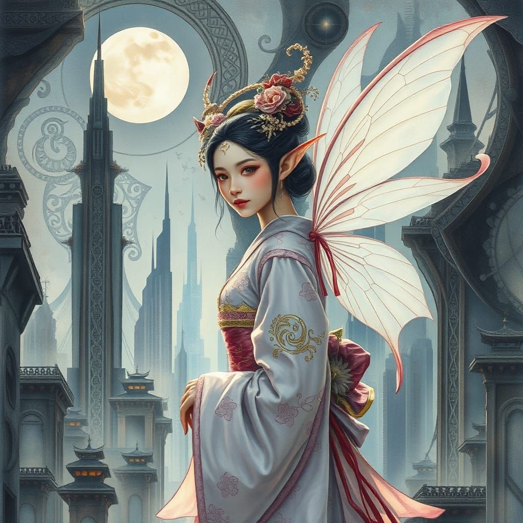 Ethereal Fairy Geisha in Dystopian Cityscape