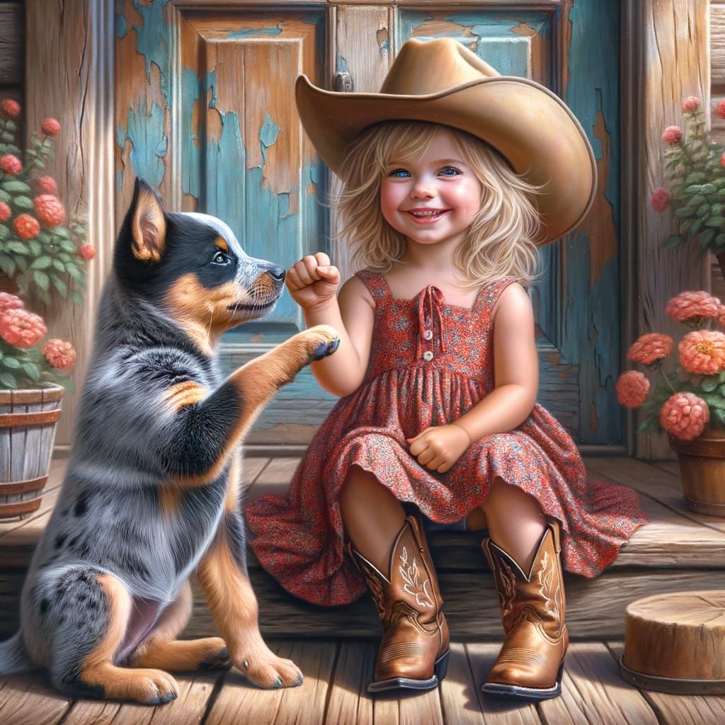Girl and Puppy Fist Bump: Hyperrealistic Airbrush Art