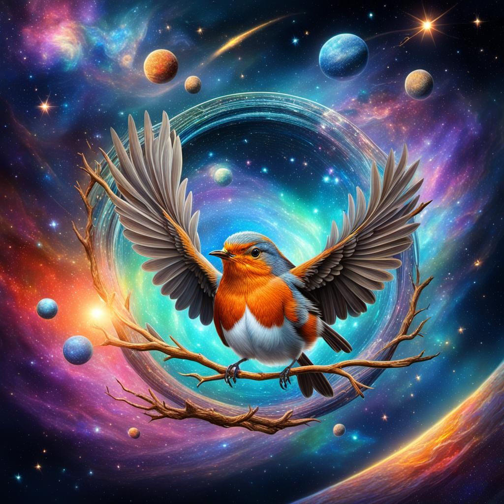 Robin Bird Soaring Through the Cosmos