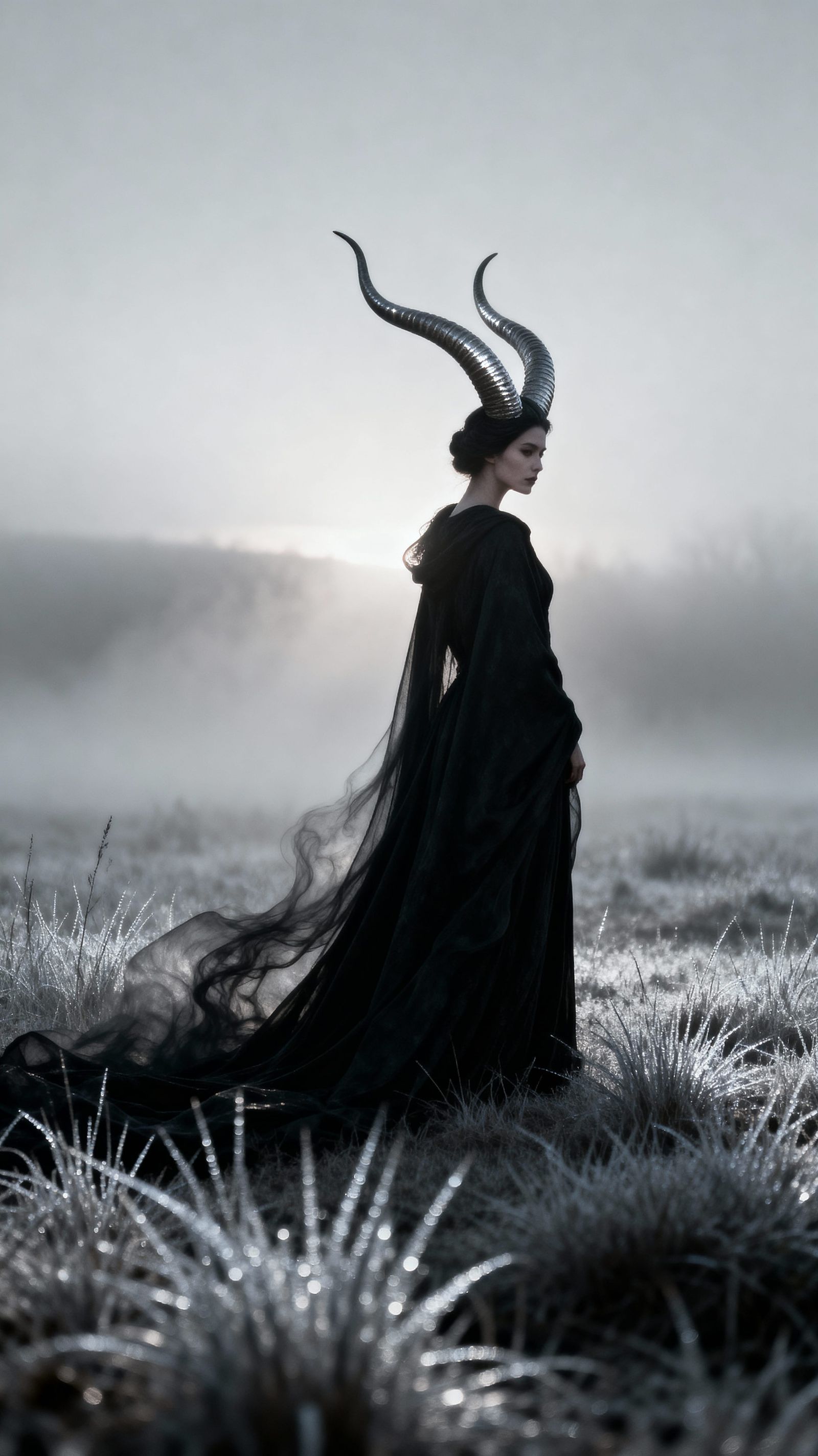 Dark Horned Woman in Misty Field - Fine Art