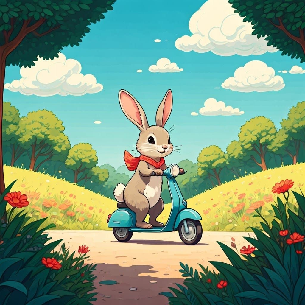 Whimsical Rabbit Rides Scooter Through Vibrant Park