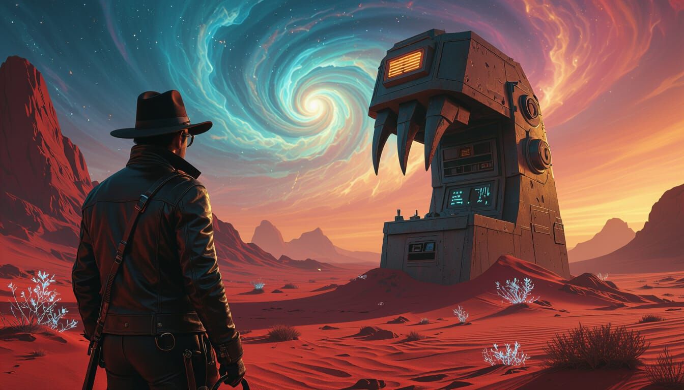 Explorer on Alien Planet Gazing at Giant Claw Machine