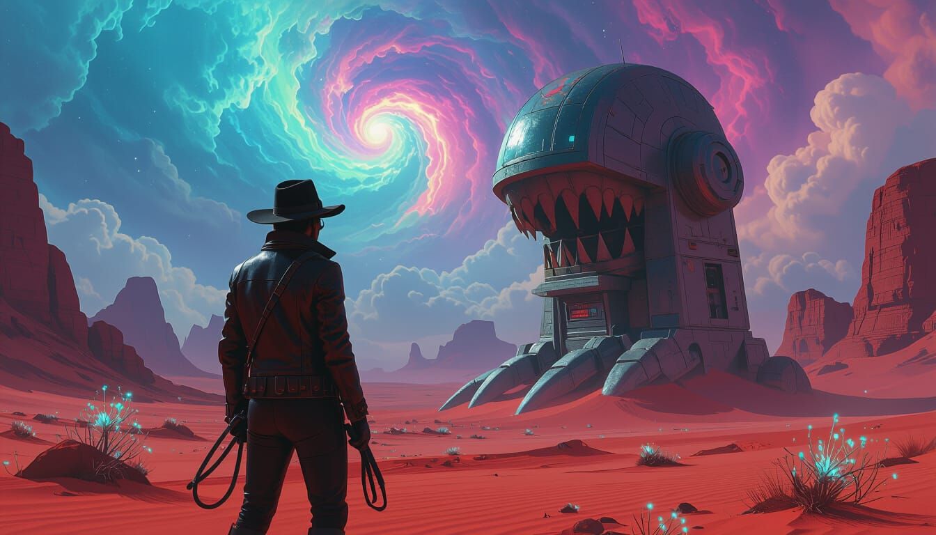 Explorer on Alien Planet with Giant Claw Machine