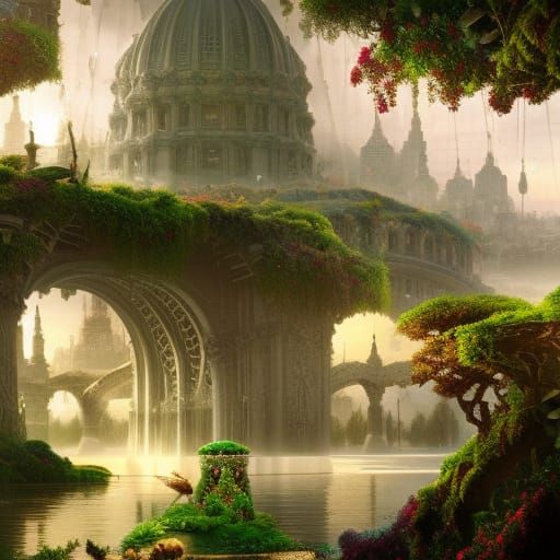 Futuristic City with Floating Gardens: Digital Matte Paintin...