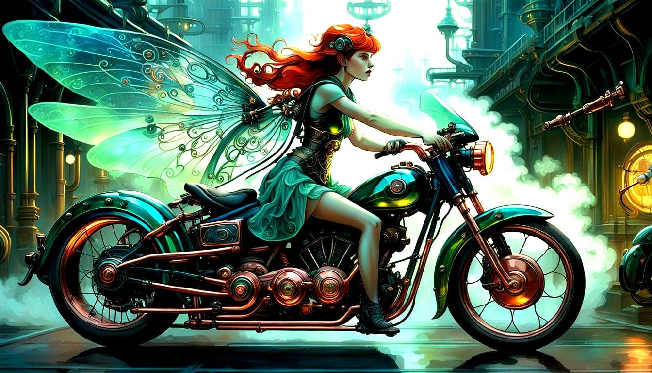 Steampunk Fairy on Motorcycle with Copper Hair