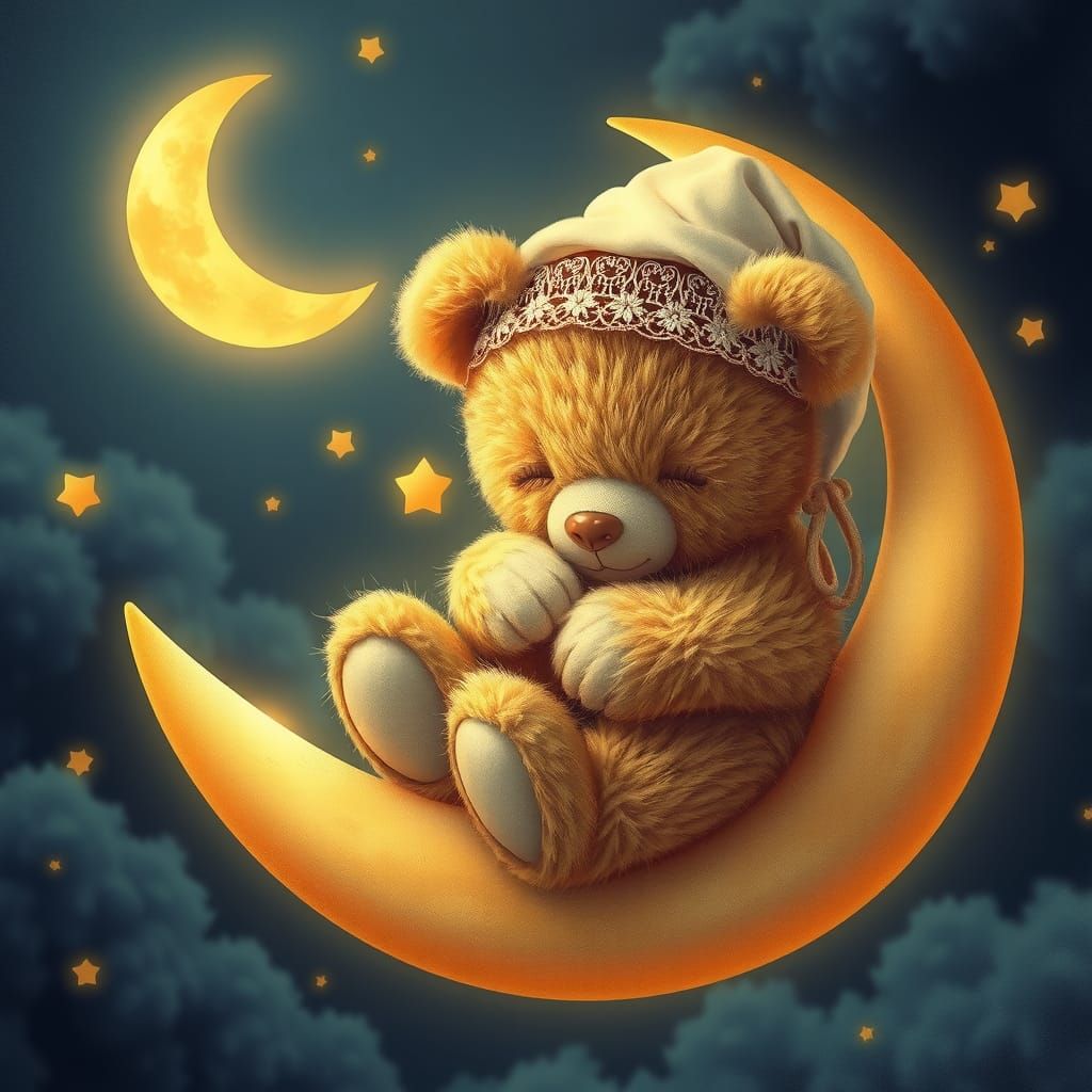 Teddy Bear Sleeping on the Moon in Dreamy Scene