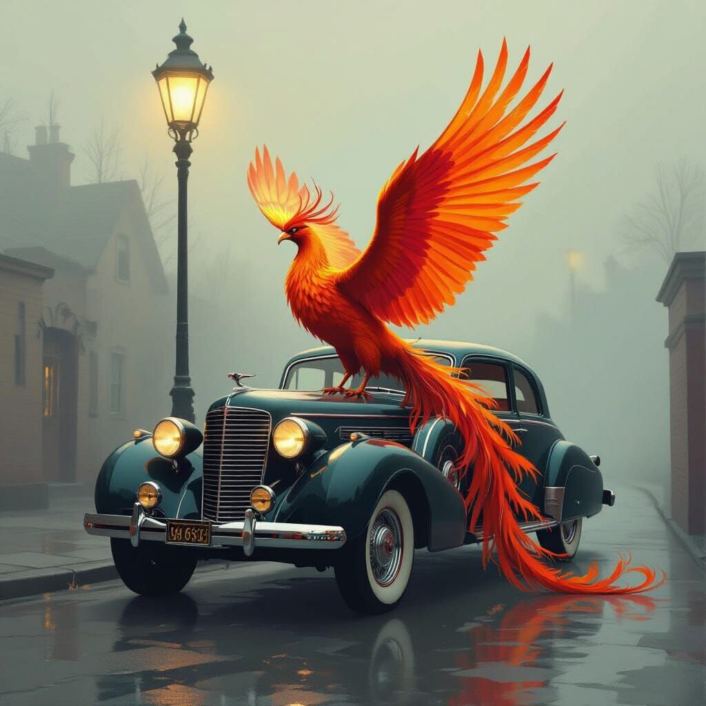 Phoenix Alights on Cadillac in Neo-Impressionist Style