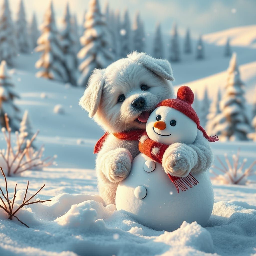 Dog Smashing Snowman in Winter Wonderland