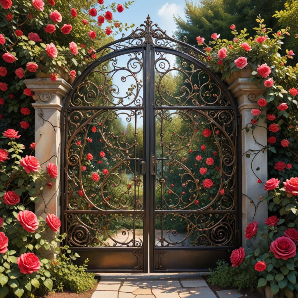 Ornate Iron Garden Gate with Roses in Alcohol Ink Style